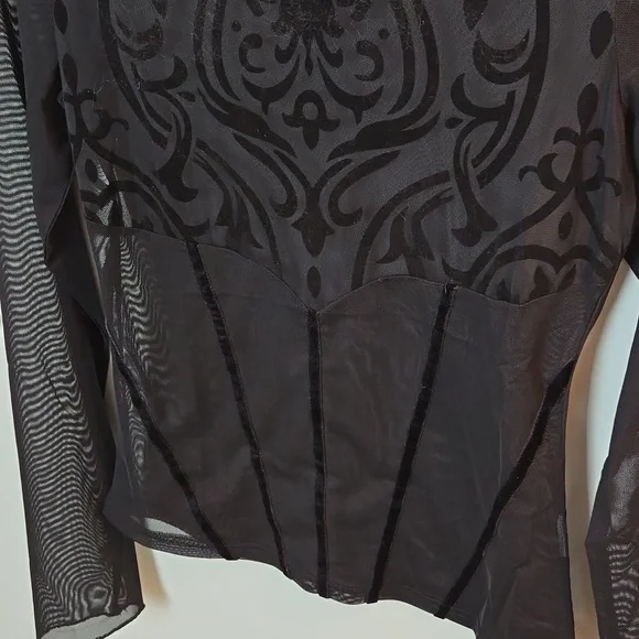 Devil Fashion Gothic Damask black sheer & velvet long sleeve top - Picture 6 of 12